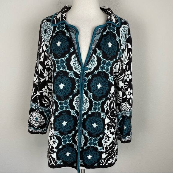 Chico's Green White Black Floral One Button Silk Cotton Cardigan 2 - Picture 1 of 7